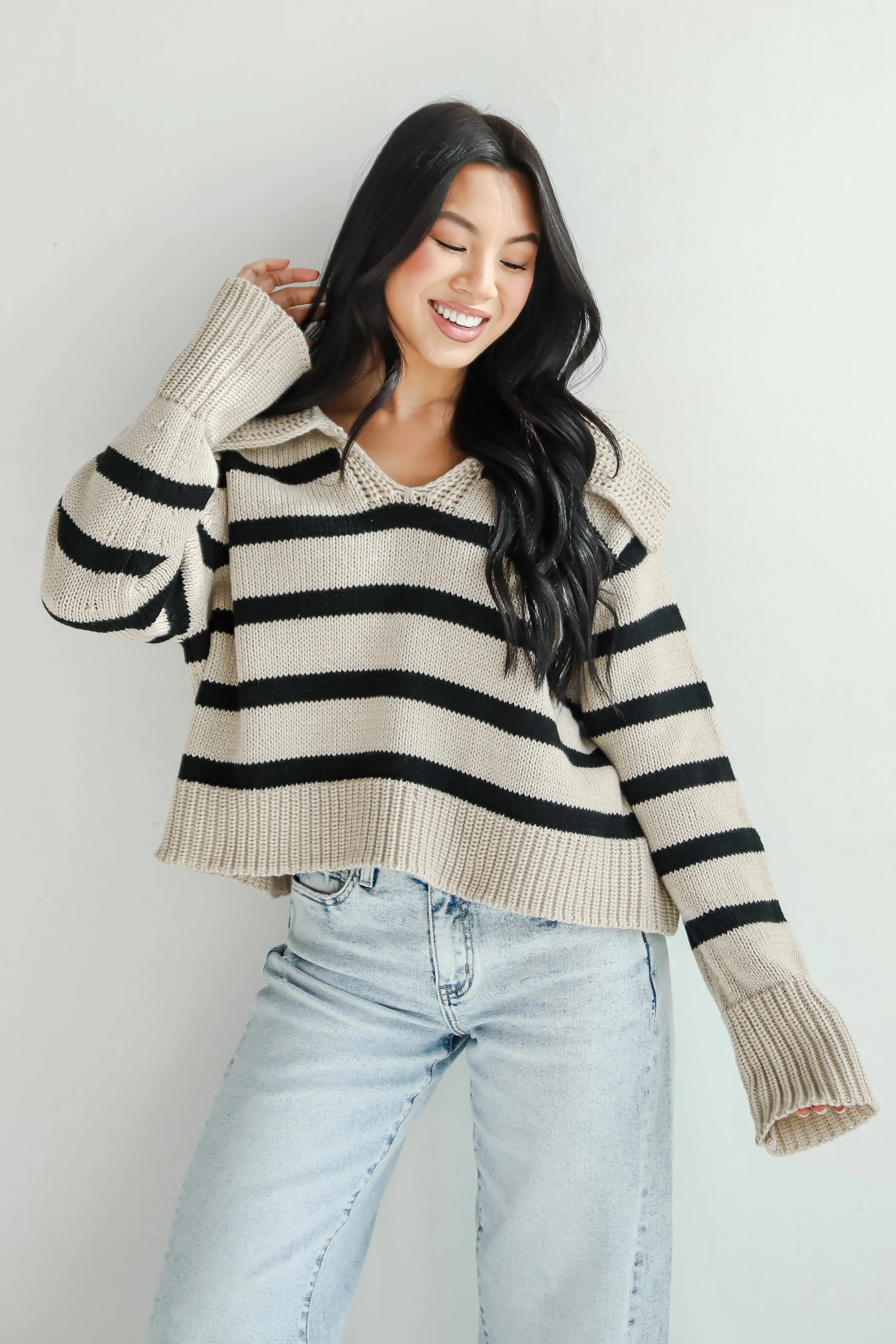 FINAL SALE - Coziest Cuddles Beige Striped Collared Sweater