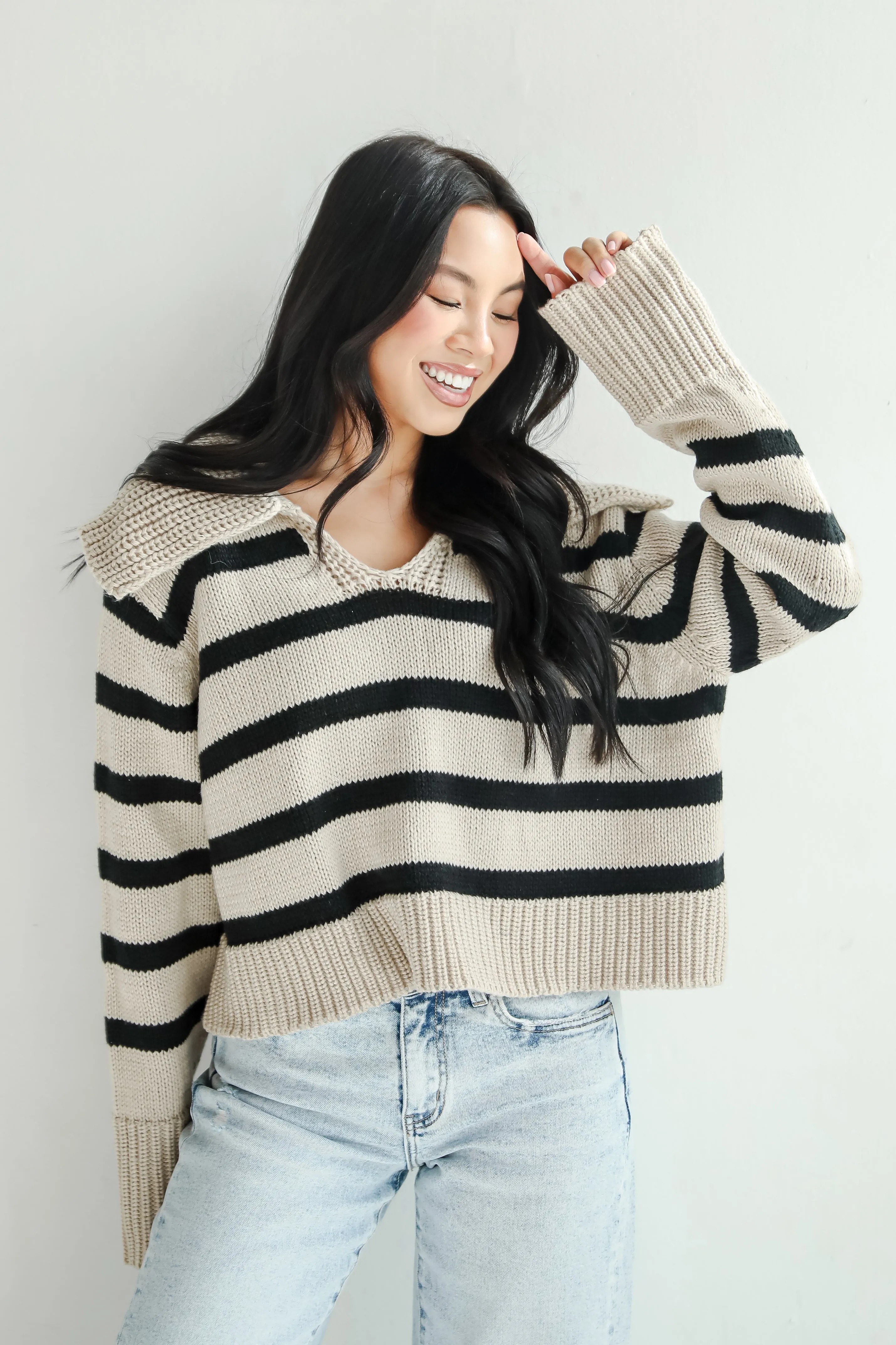 FINAL SALE - Coziest Cuddles Beige Striped Collared Sweater