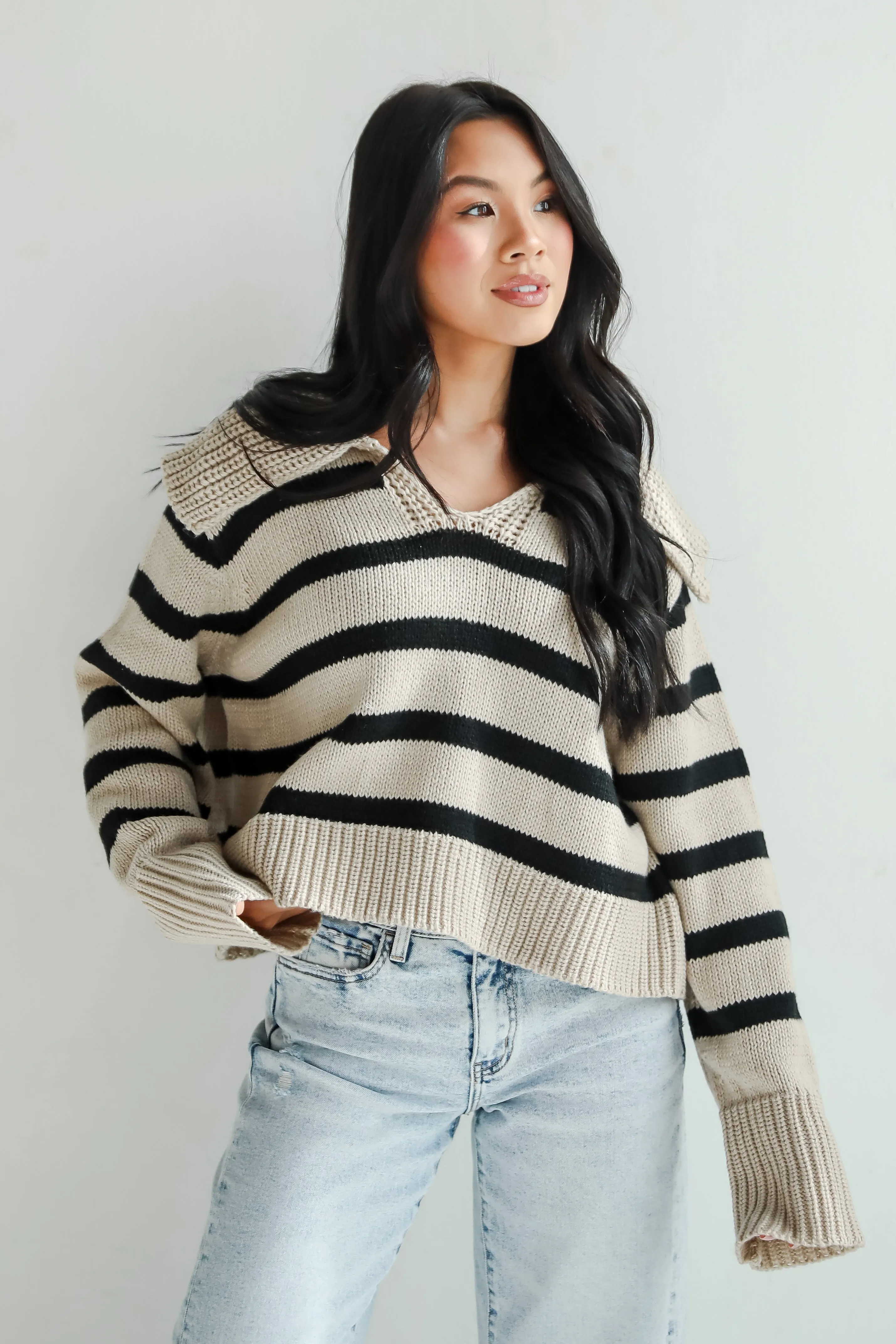 FINAL SALE - Coziest Cuddles Beige Striped Collared Sweater