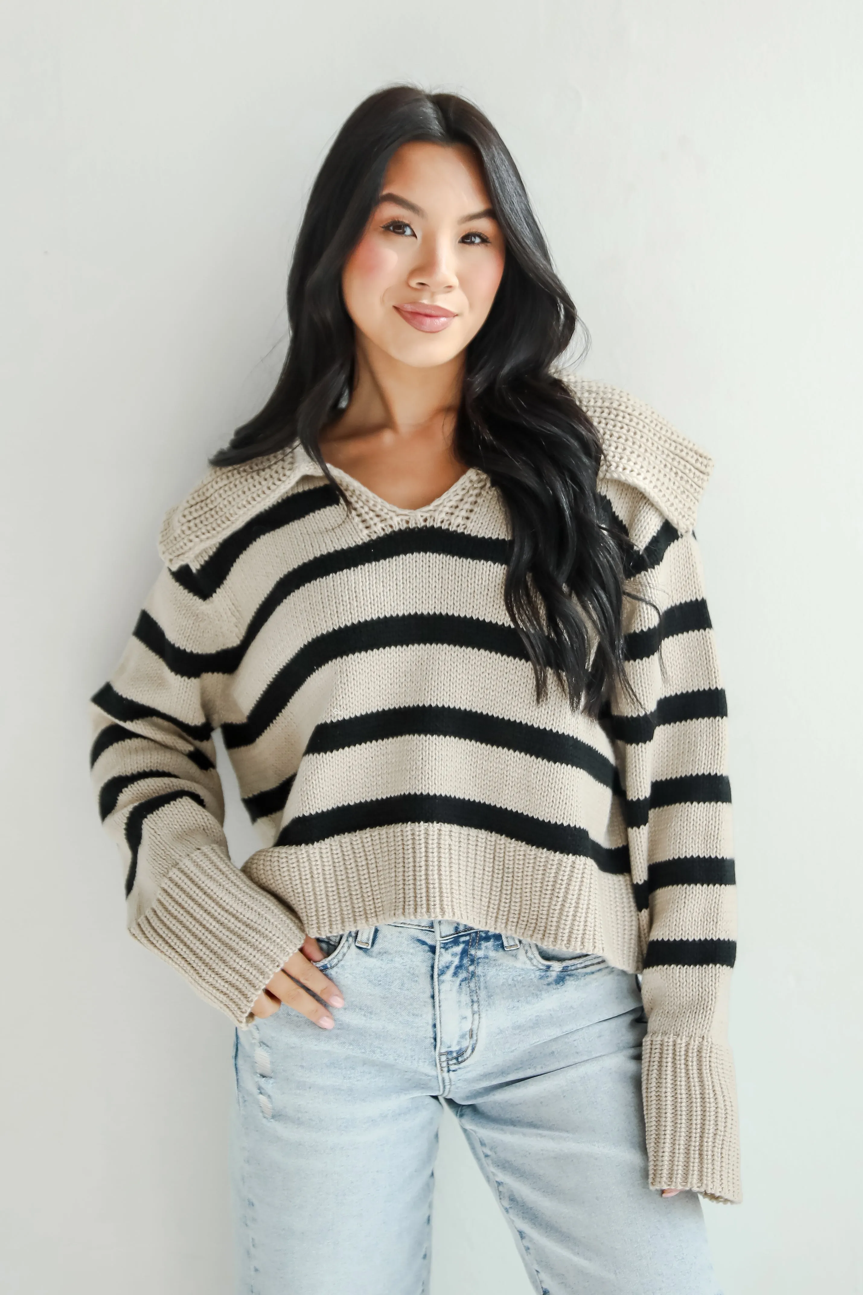 FINAL SALE - Coziest Cuddles Beige Striped Collared Sweater