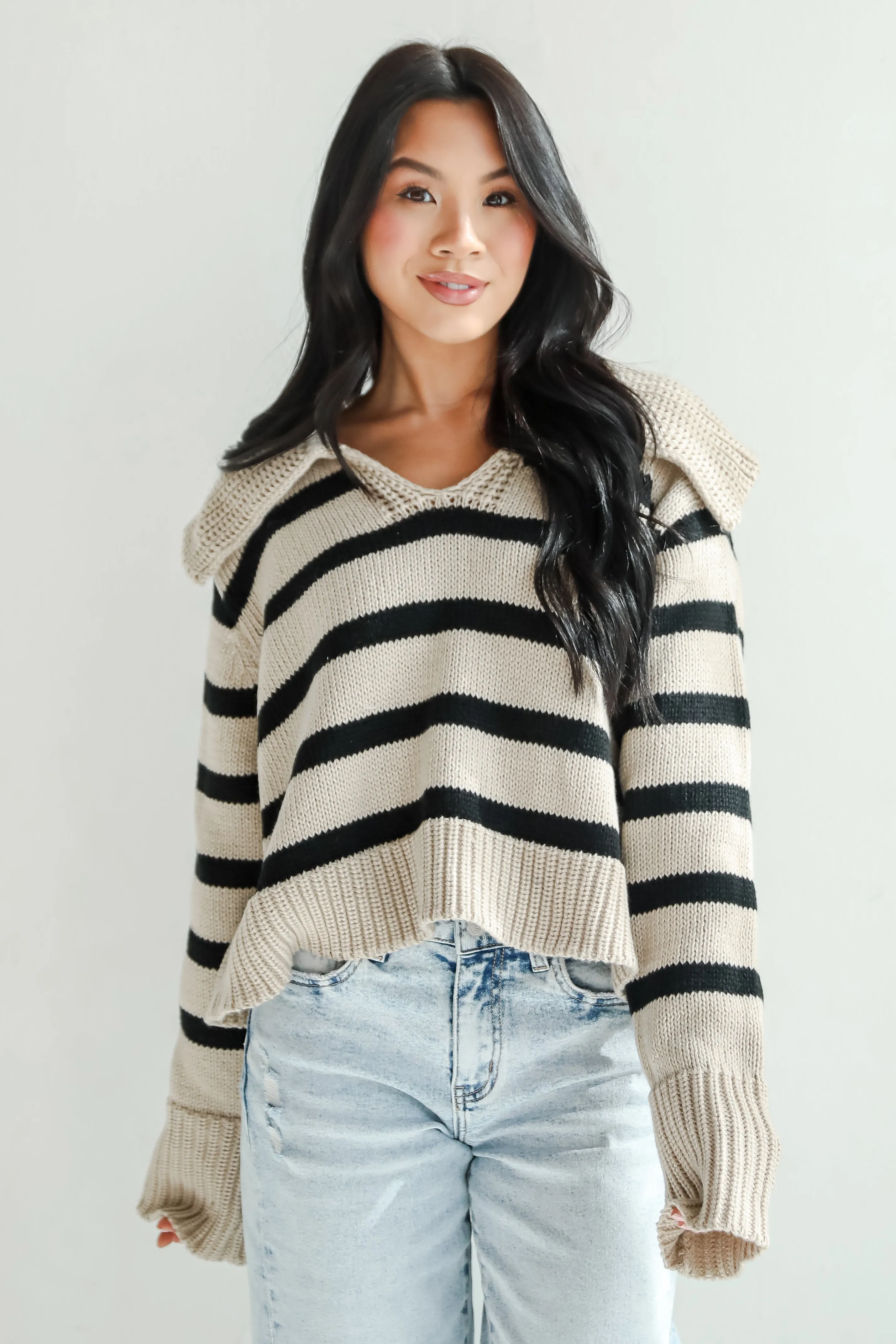 FINAL SALE - Coziest Cuddles Beige Striped Collared Sweater