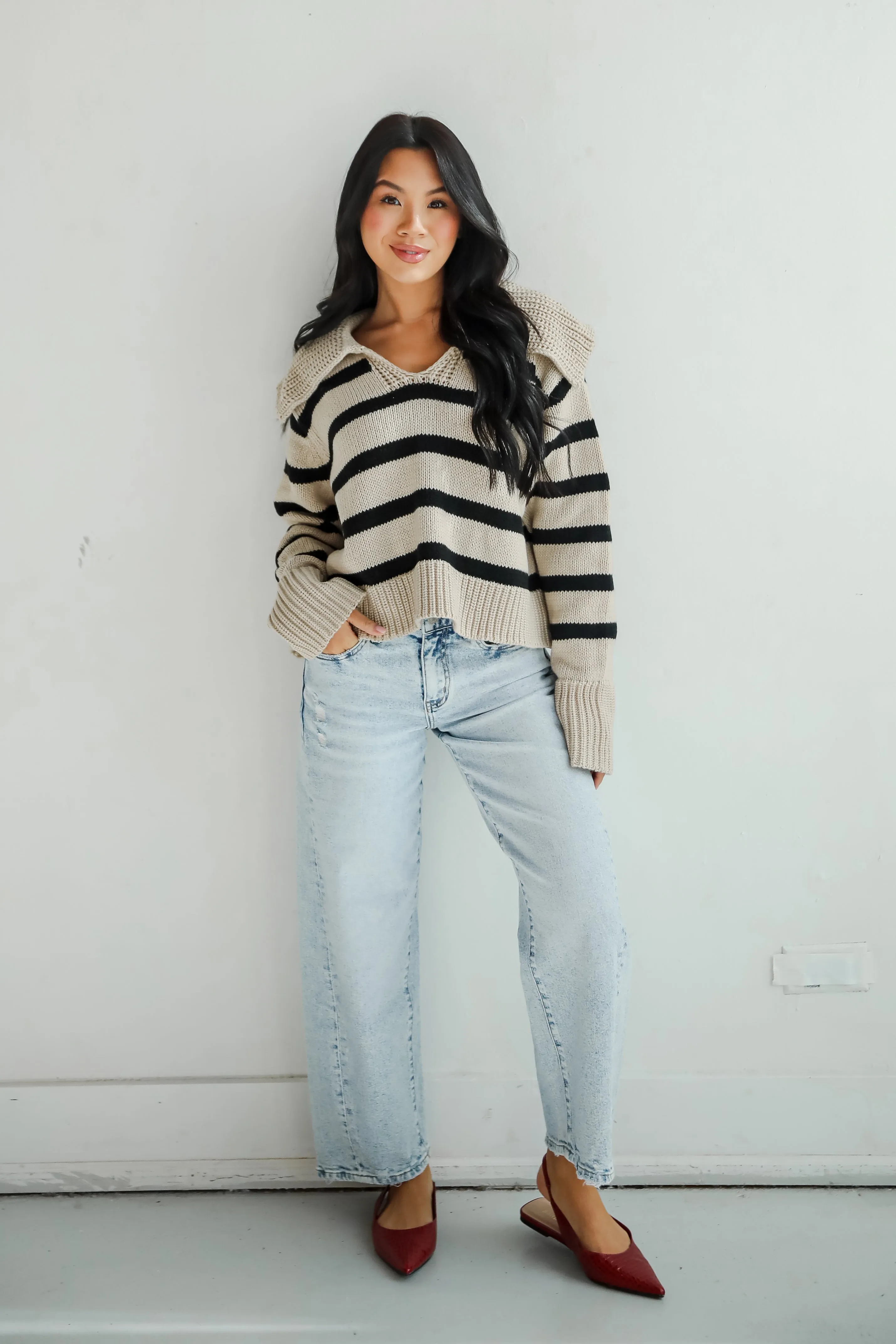 FINAL SALE - Coziest Cuddles Beige Striped Collared Sweater