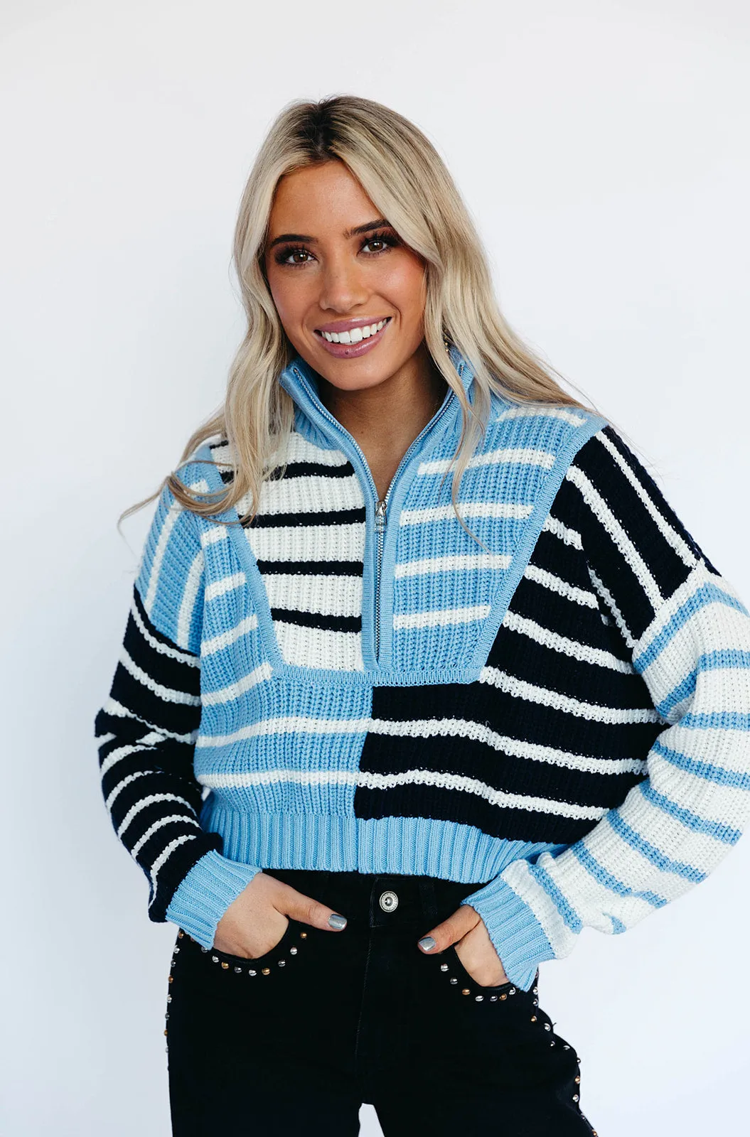 Fiona Stripe Sweater - Light Blue/Navy/White