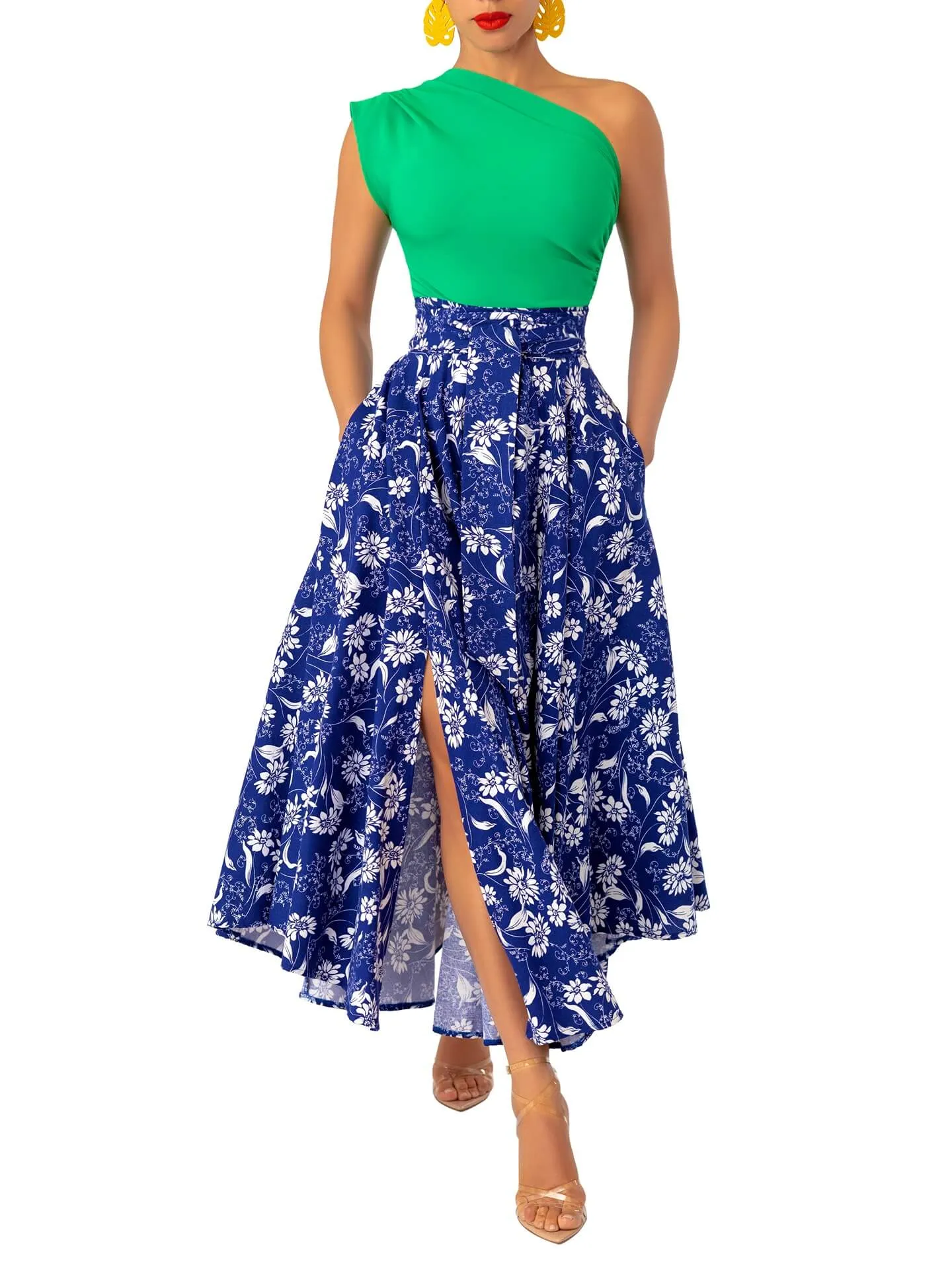 “Fọlá” Colorblock Jade/Blue Floral Midi dress