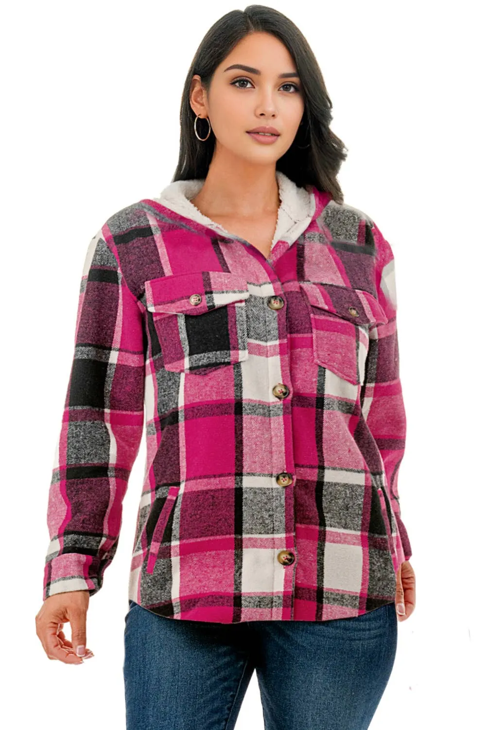 Fur lined pink white plaid  flannel shirt jacket w/hoodie