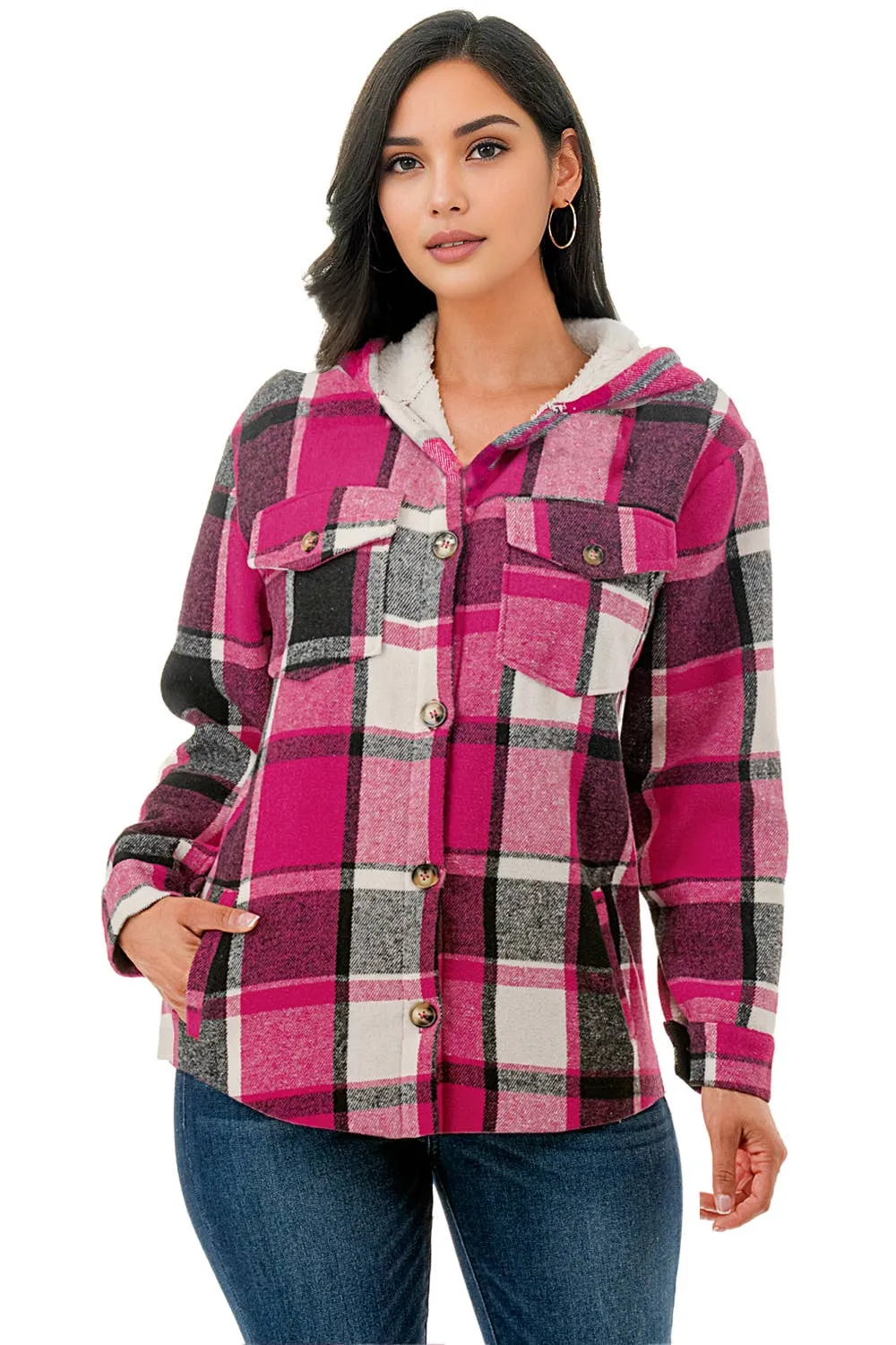 Fur lined pink white plaid  flannel shirt jacket w/hoodie