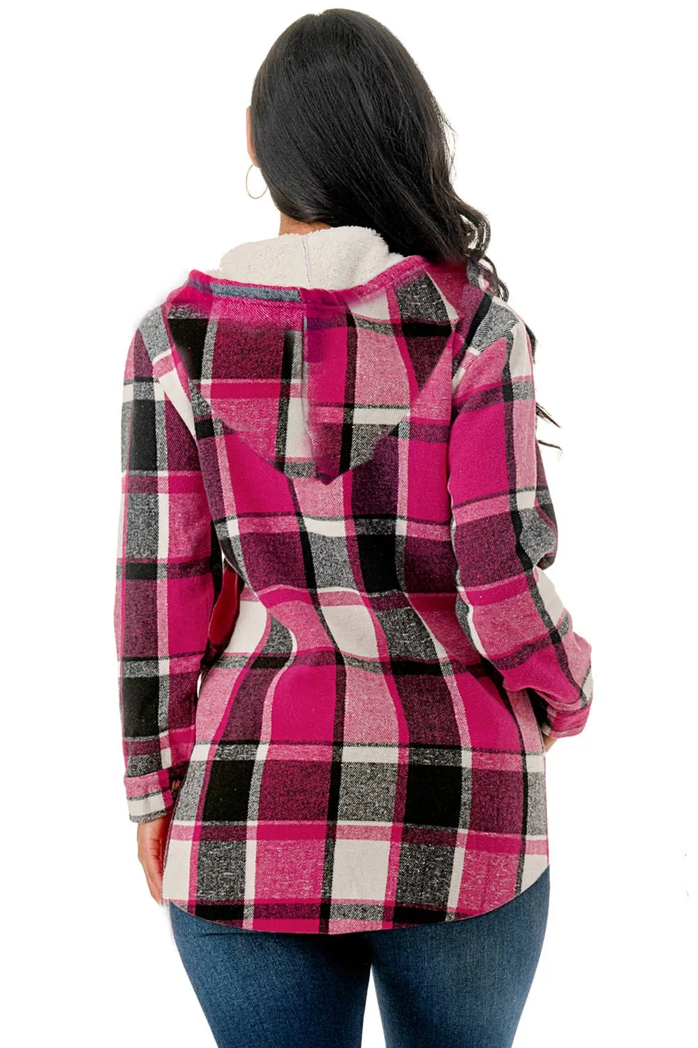 Fur lined pink white plaid  flannel shirt jacket w/hoodie