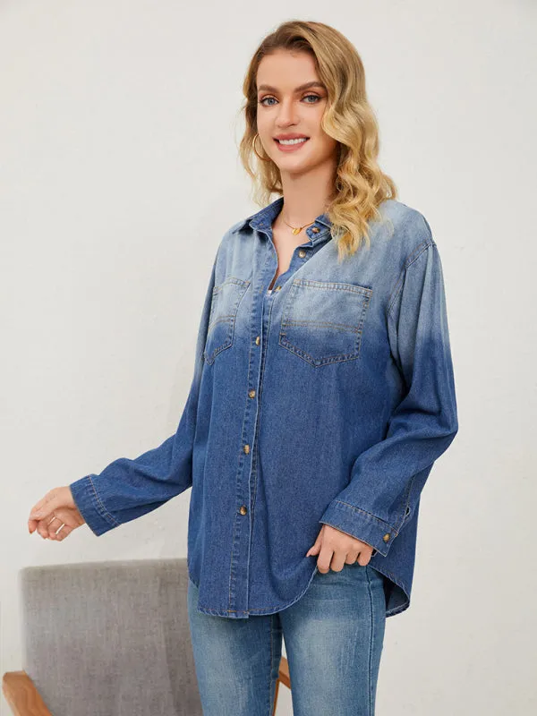 Gradient Denim Button-Up Shacket - Classic Collar Long Sleeve Shirt