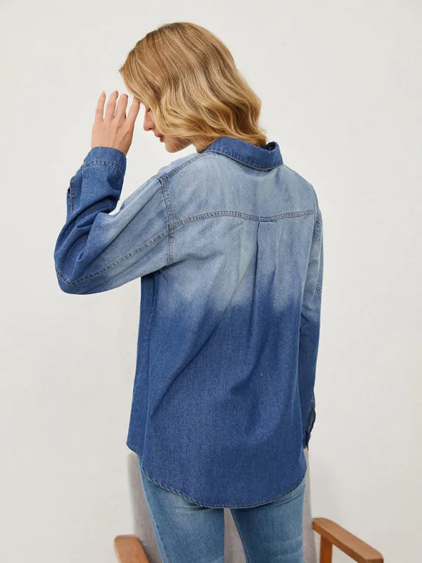 Gradient Denim Button-Up Shacket - Classic Collar Long Sleeve Shirt