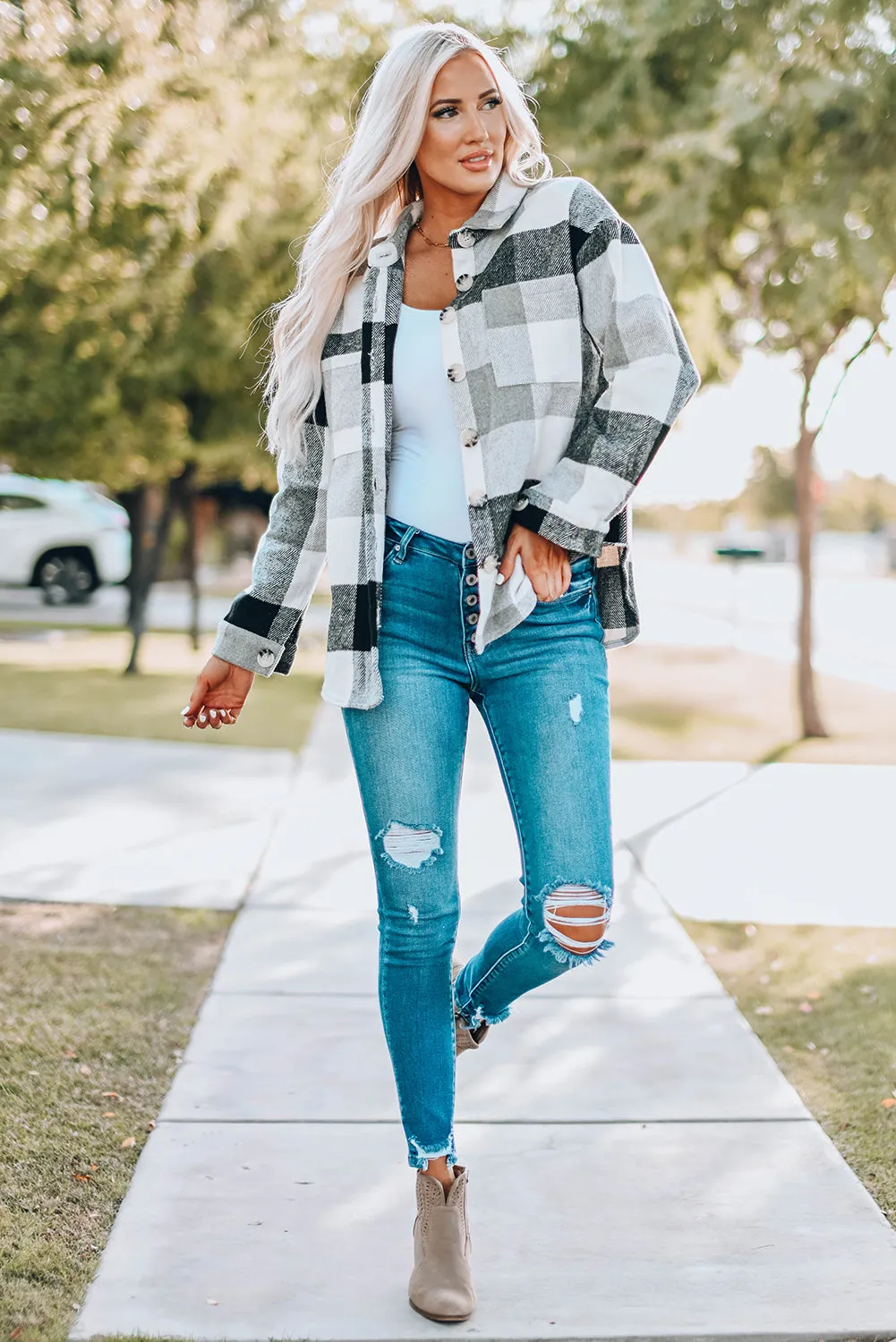 Gray Plaid Color Block Buttoned Long Sleeve Jacket with Pocket