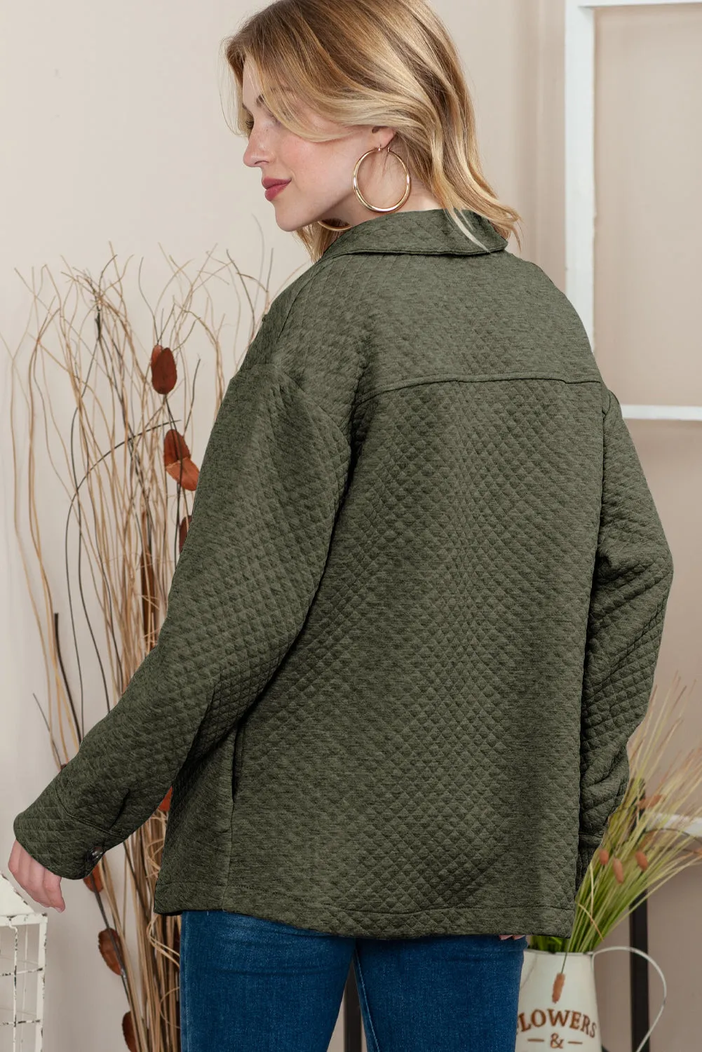 Green Lattice Texture Pockets Button Up Quilted Shacket