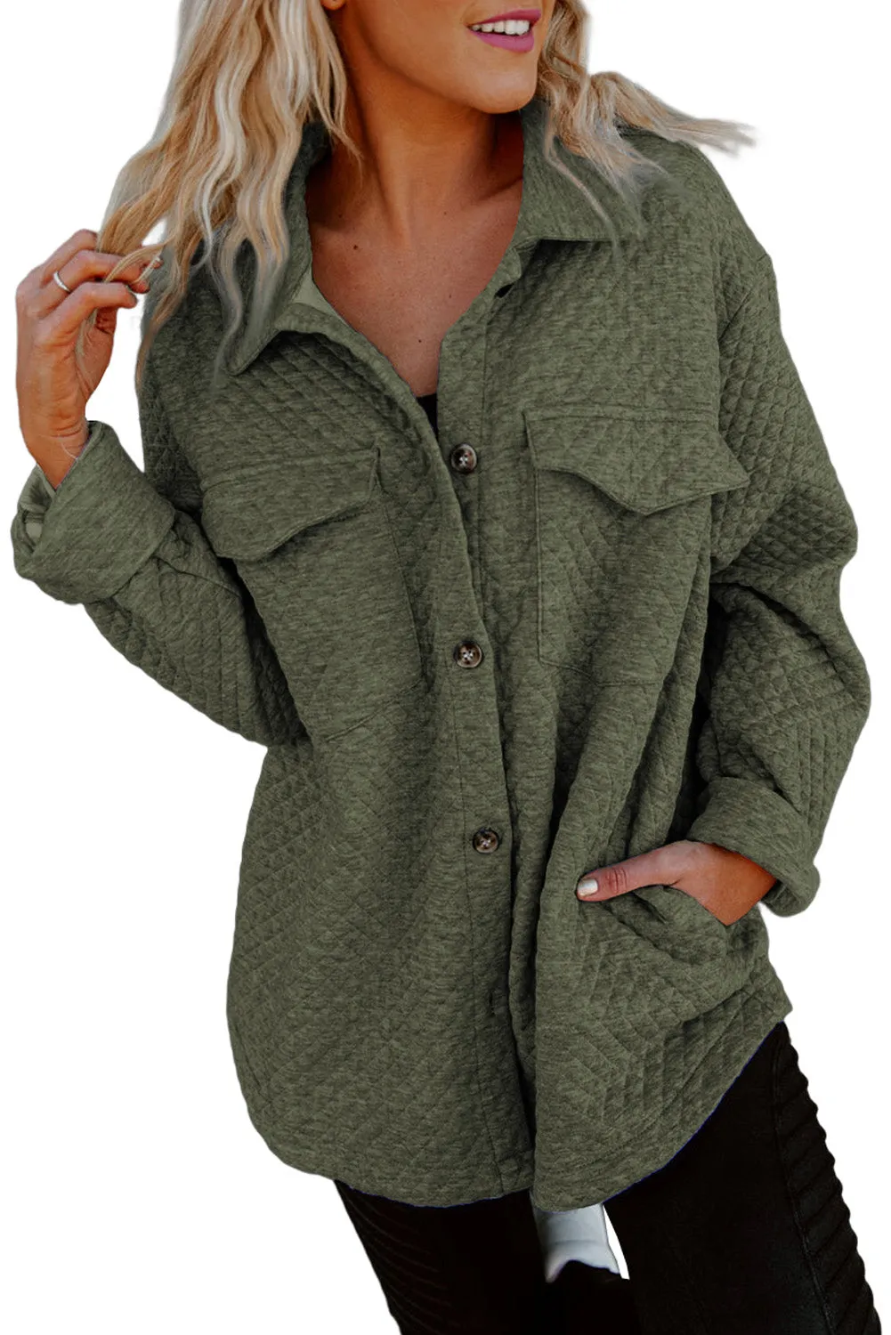 Green Retro Quilted Flap Pocket Button Shacket