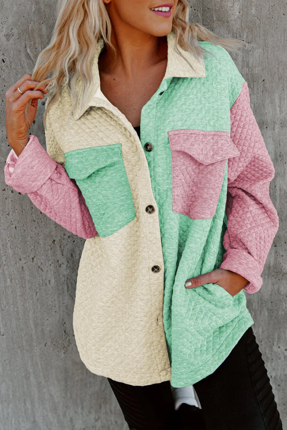 Green Retro Quilted Flap Pocket Button Shacket