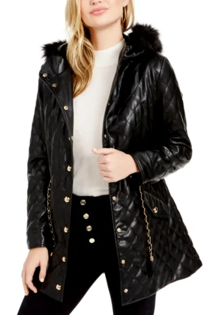 GUESS Saira Quilted Faux-Fur Collar Jacket