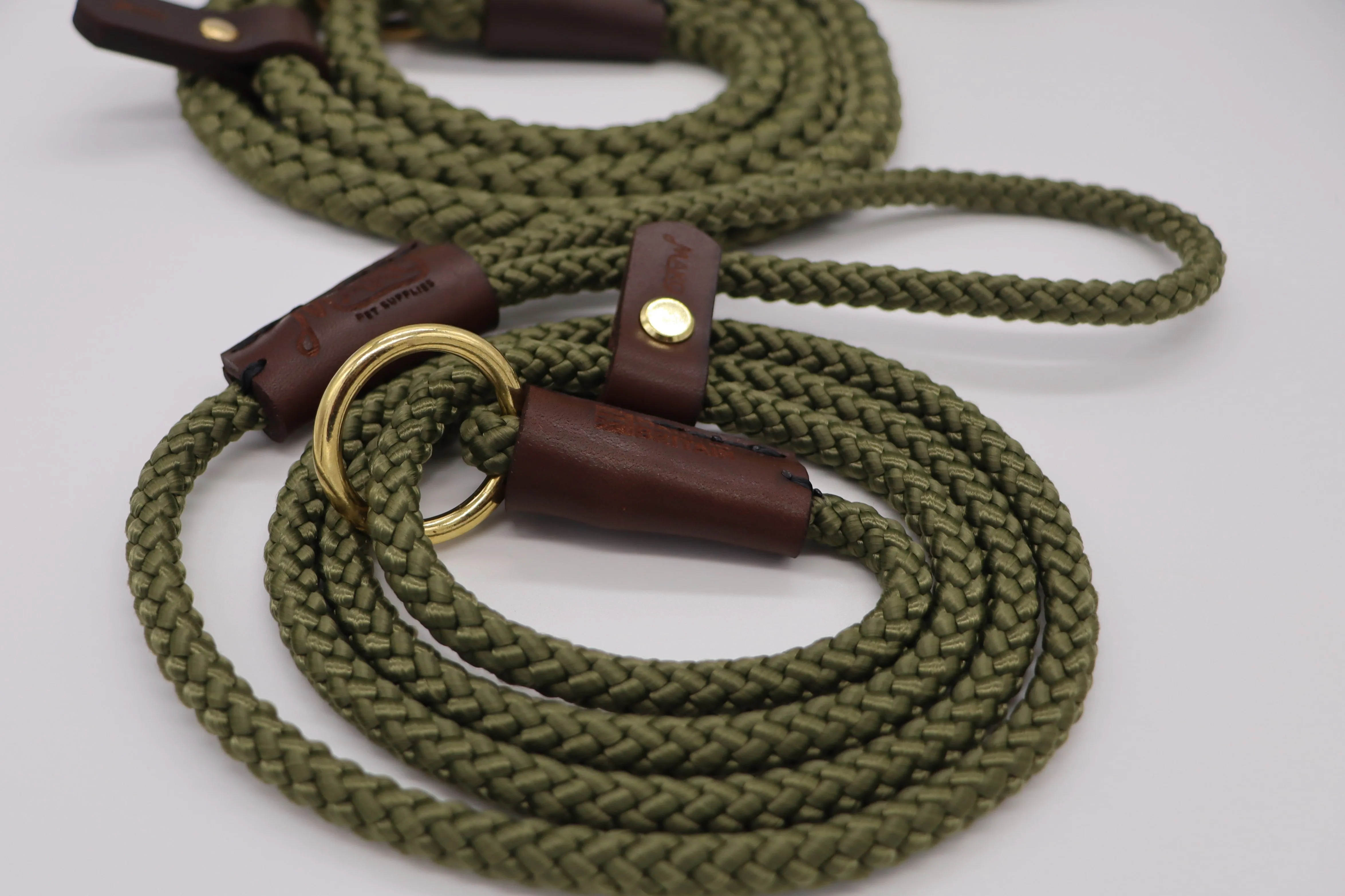 Handmade Traditional Gundog Slip Lead - Solid Brass and Leather with Black or Olive Nylon Rope