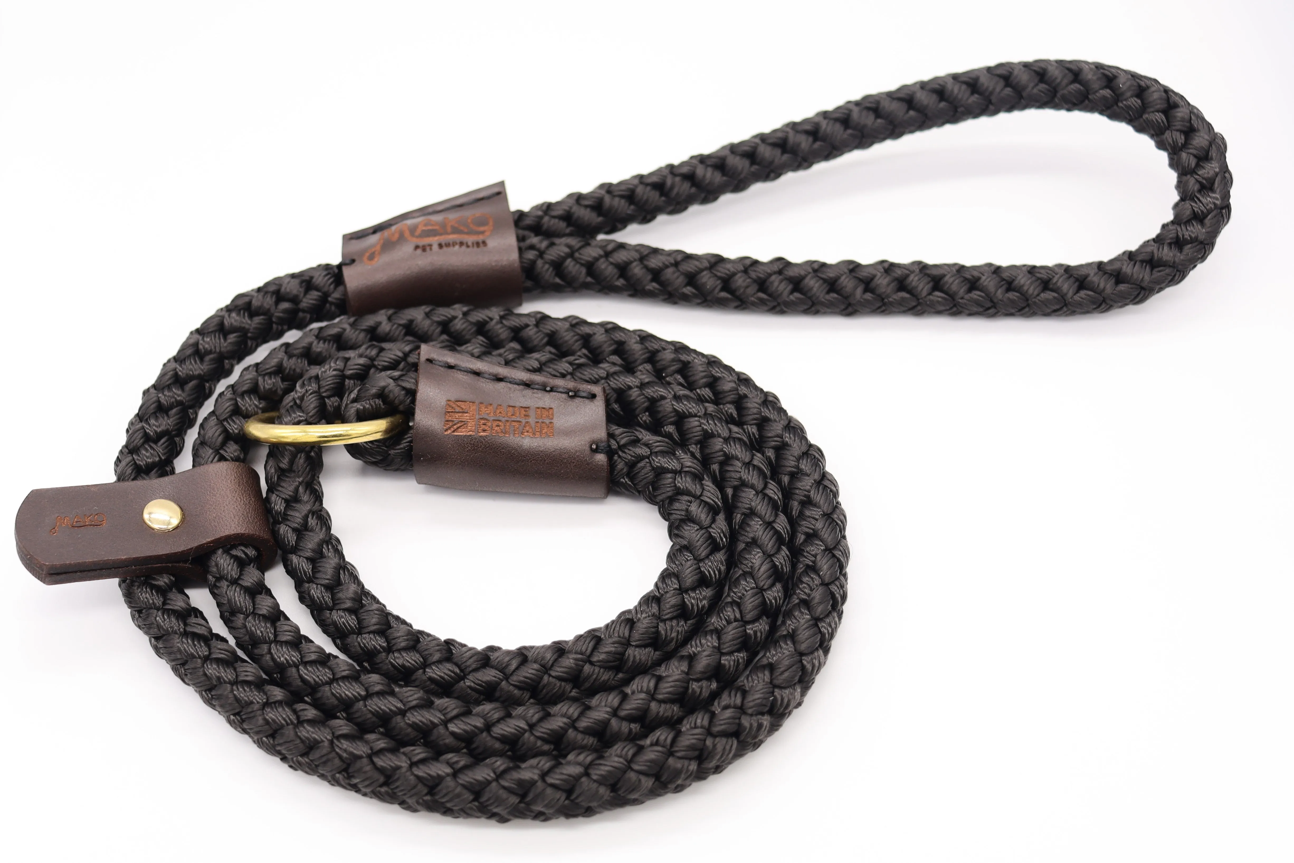 Handmade Traditional Gundog Slip Lead - Solid Brass and Leather with Black or Olive Nylon Rope