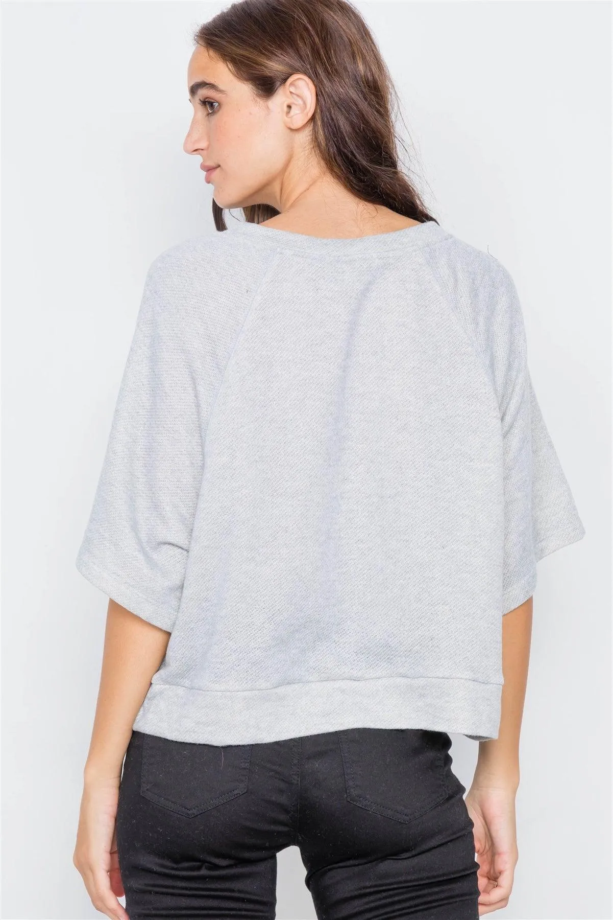 Heather Grey Raw Hem Neckline Relaxed Fit Sweater  /2-2-2