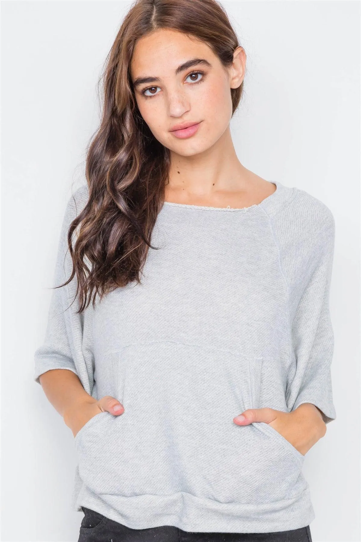 Heather Grey Raw Hem Neckline Relaxed Fit Sweater  /2-2-2