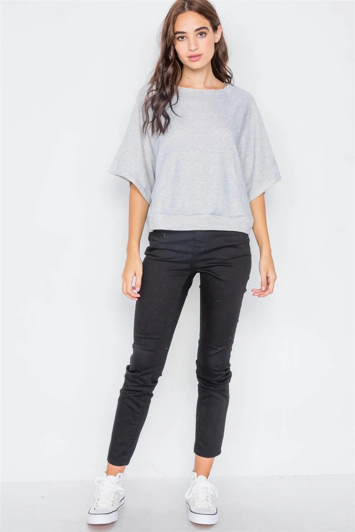 Heather Grey Raw Hem Neckline Relaxed Fit Sweater  /2-2-2