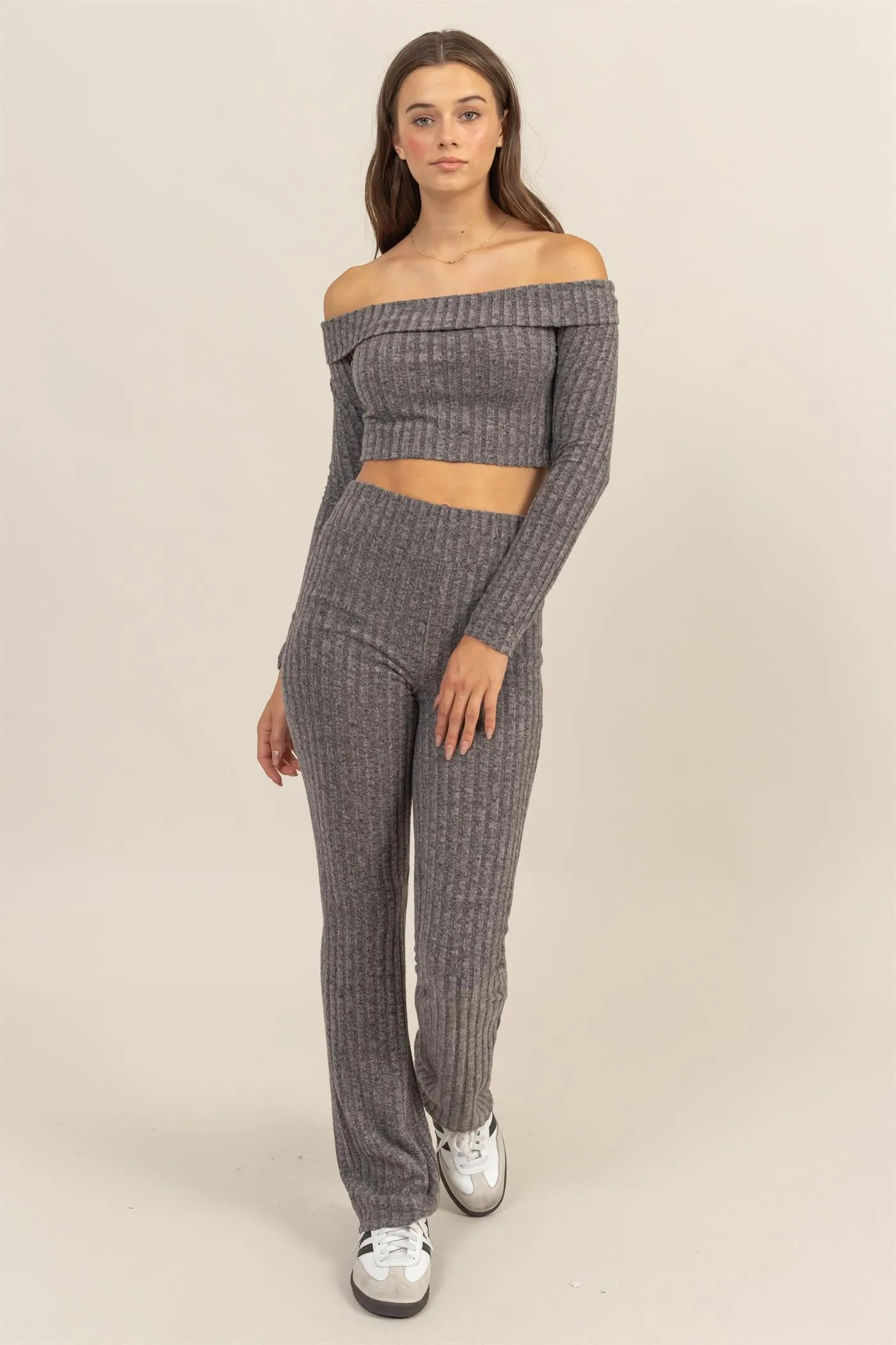 HF24F787-SET-RIBBED KNIT TOP AND FLARED PANTS SET