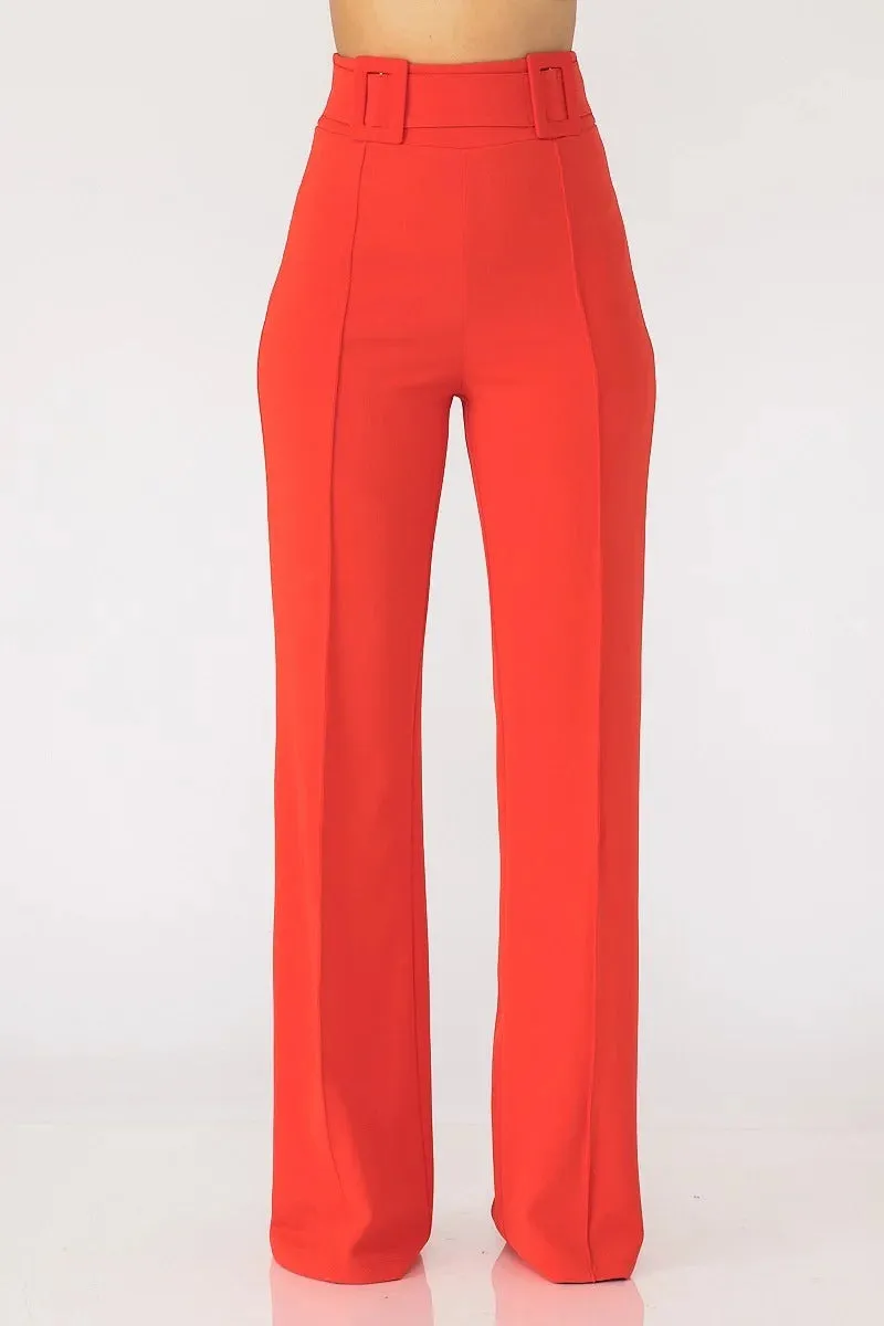 HIGH WAIST PANTS WITH SELF FABRIC BUCKLE DETAIL ON THE WAIST