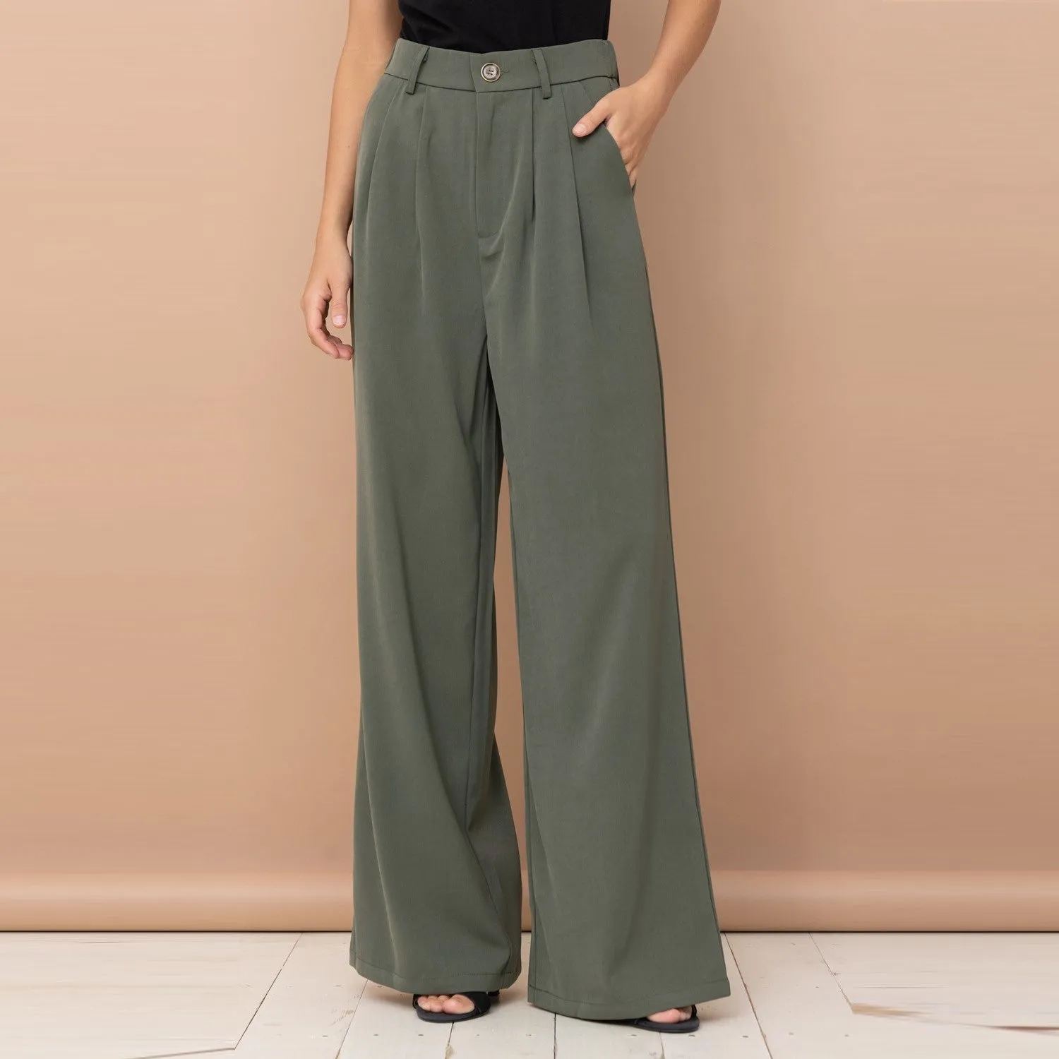 High Waist Pleated Pants (Olive)