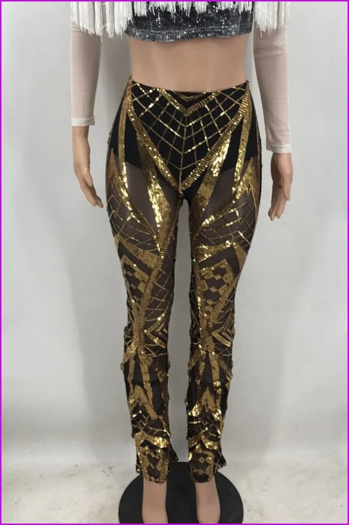 High Waist Stacking Hem Sequin PantsDE937