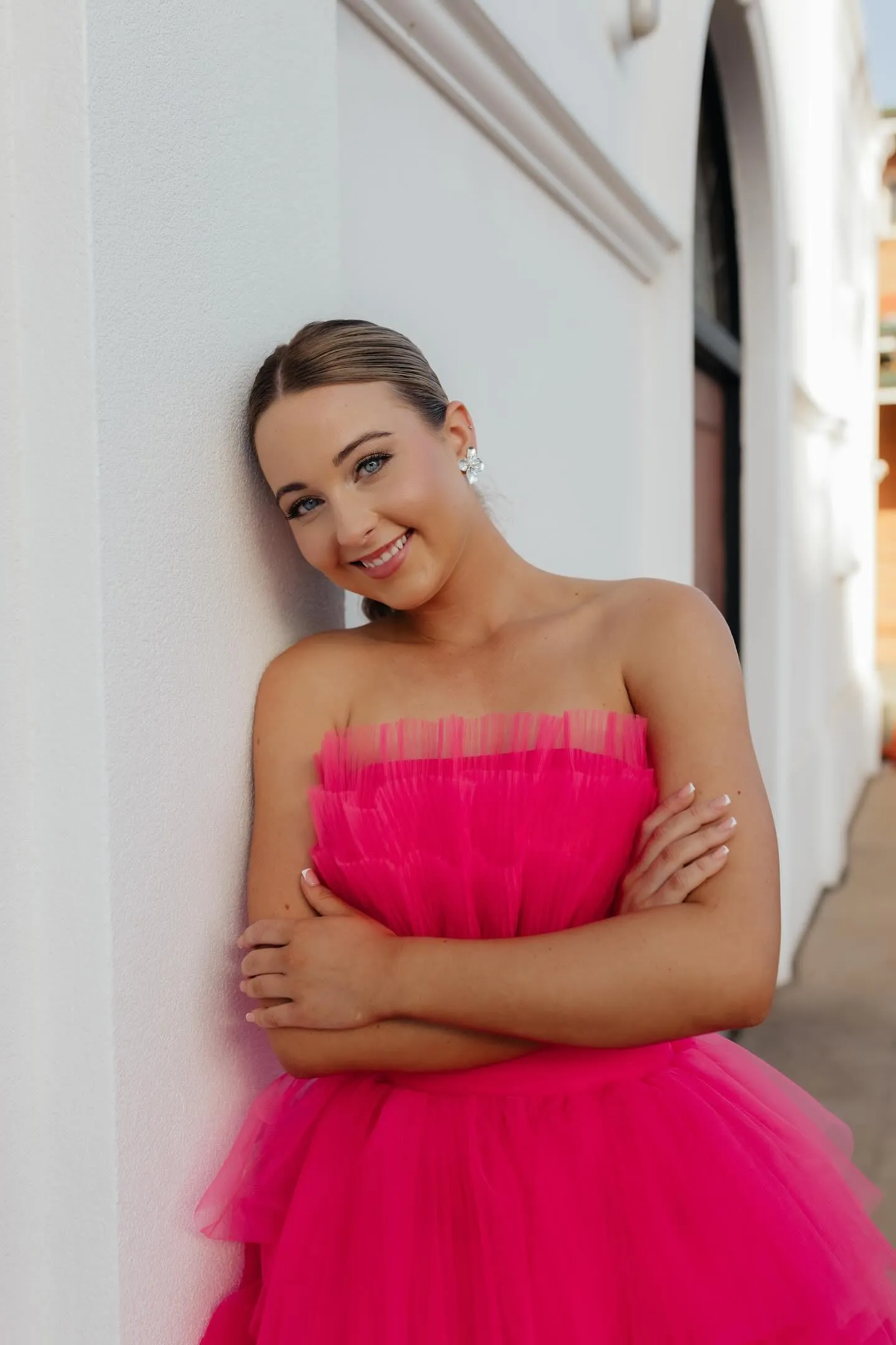 Hot pink hi-low corset tulle-tiered dress