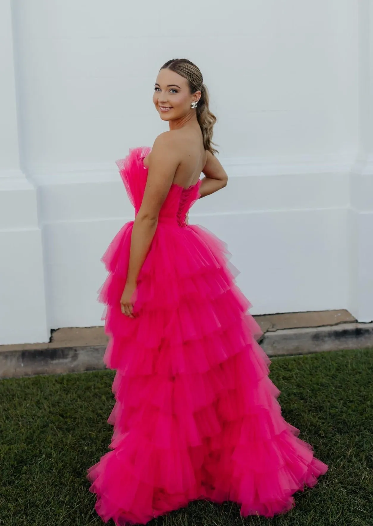 Hot pink hi-low corset tulle-tiered dress