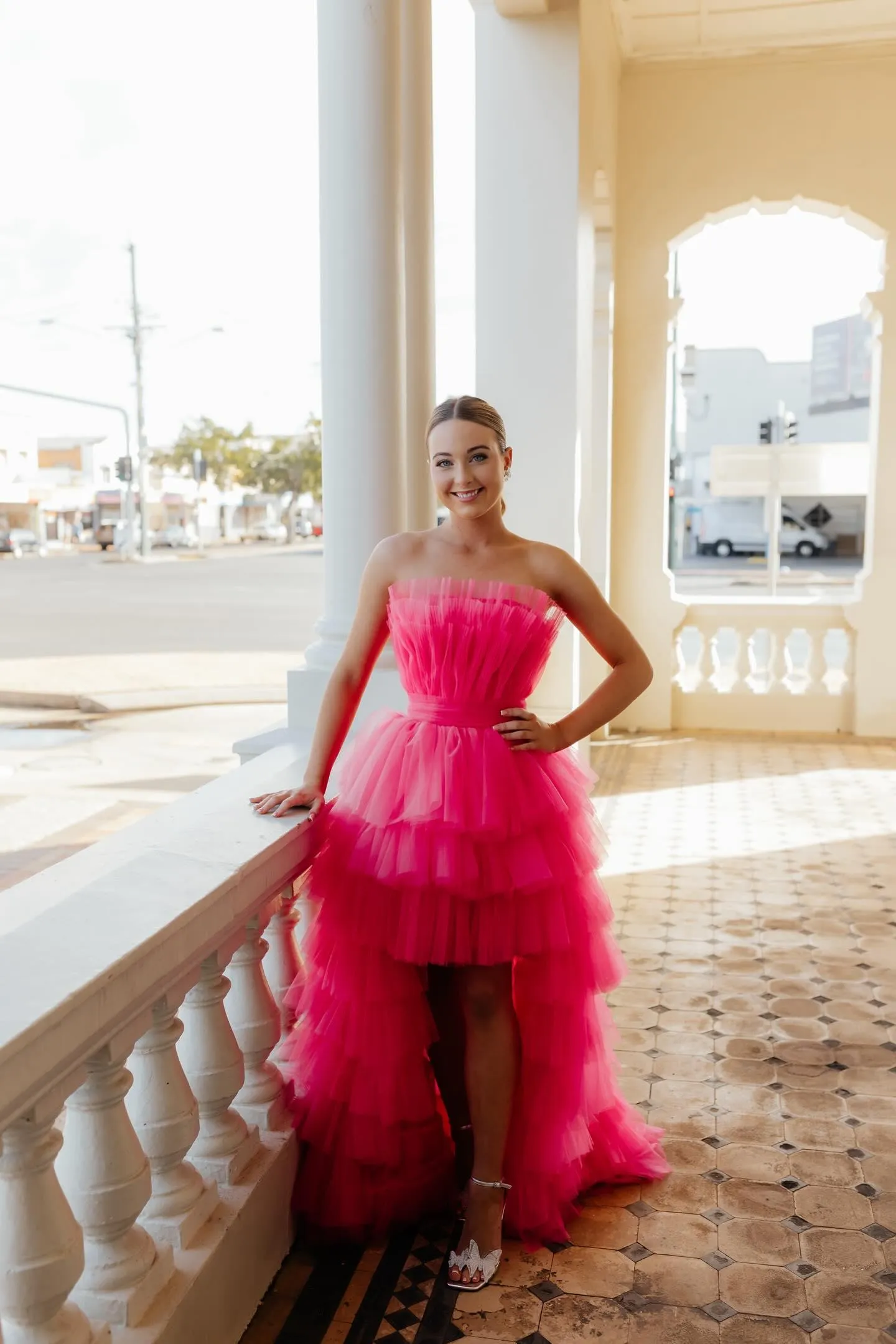 Hot pink hi-low corset tulle-tiered dress