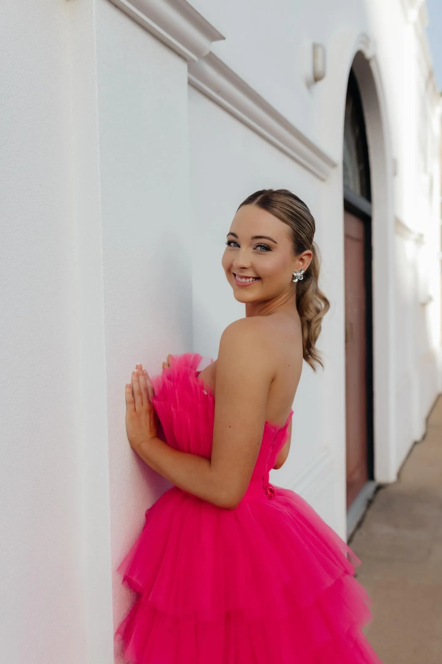 Hot pink hi-low corset tulle-tiered dress