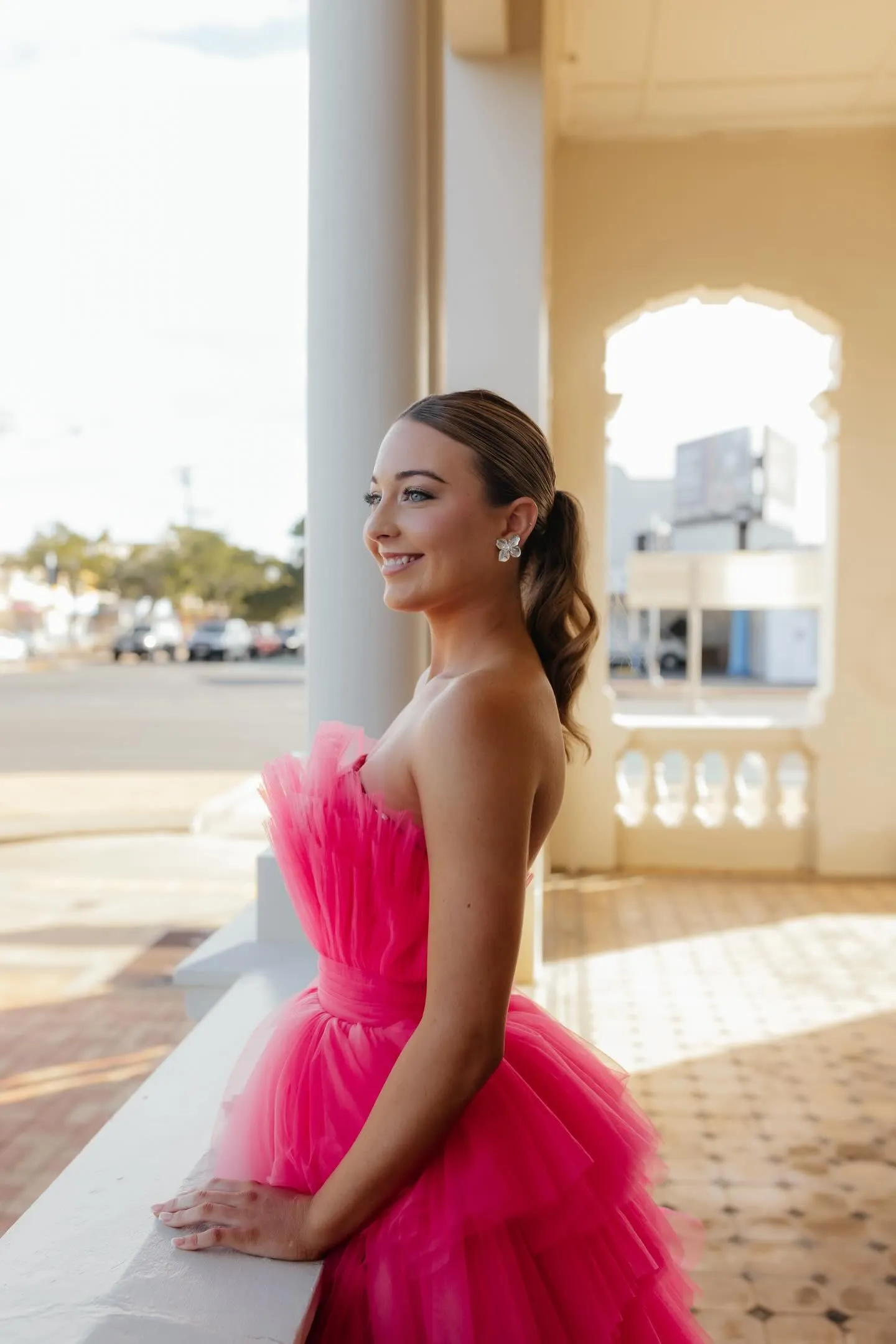 Hot pink hi-low corset tulle-tiered dress