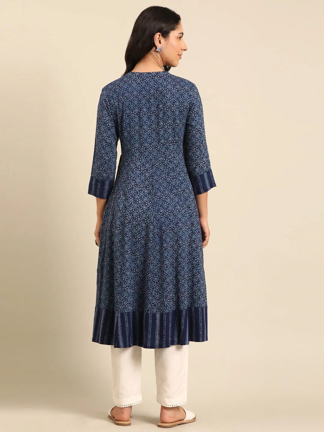 Indigo Printed Rayon Flared Kurta