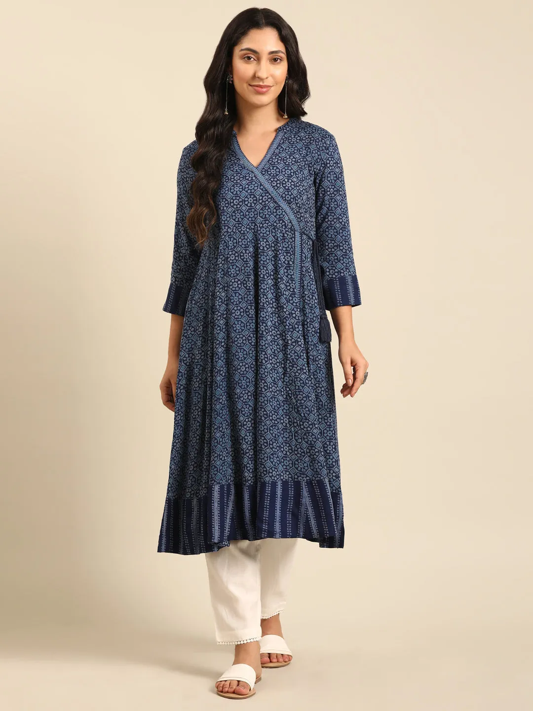 Indigo Printed Rayon Flared Kurta