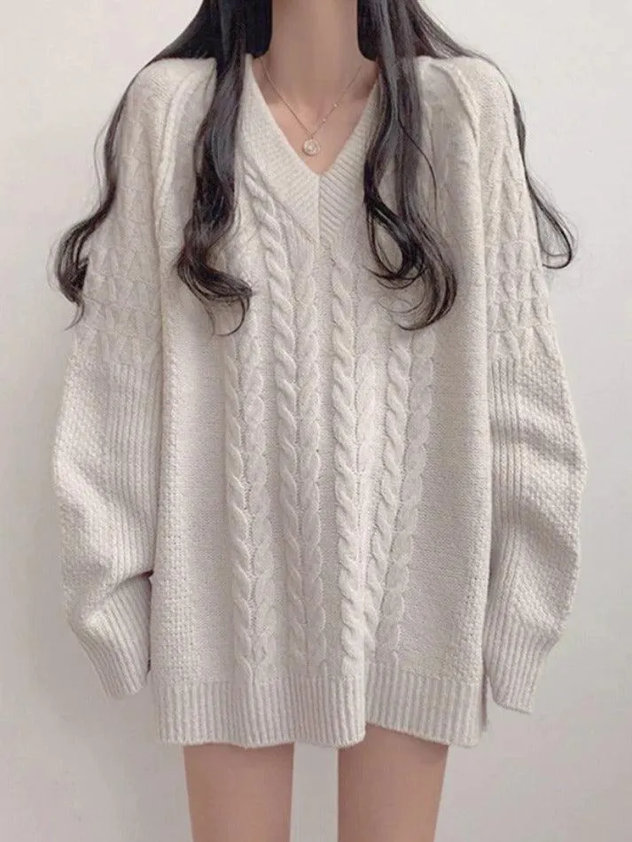 Joskaa Solid Color V Neck Cable Knit Sweater