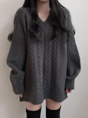 Joskaa Solid Color V Neck Cable Knit Sweater