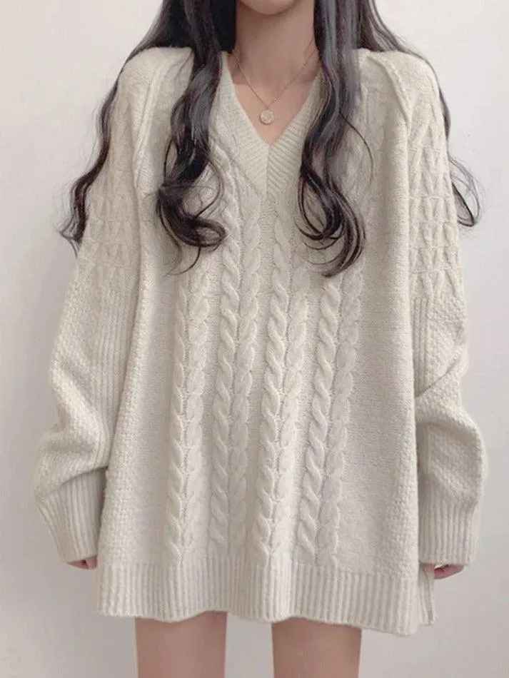 Joskaa Solid Color V Neck Cable Knit Sweater