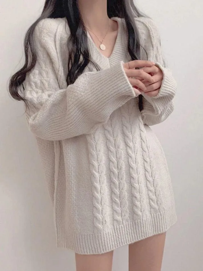 Joskaa Solid Color V Neck Cable Knit Sweater