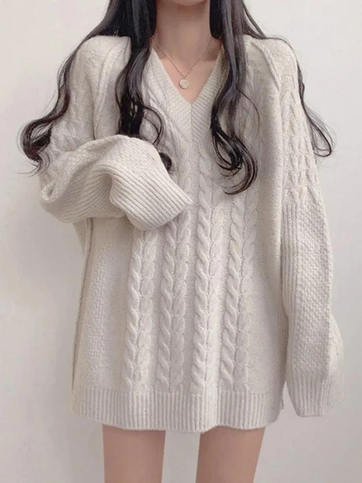 Joskaa Solid Color V Neck Cable Knit Sweater