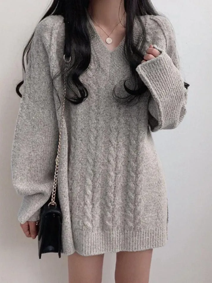 Joskaa Solid Color V Neck Cable Knit Sweater