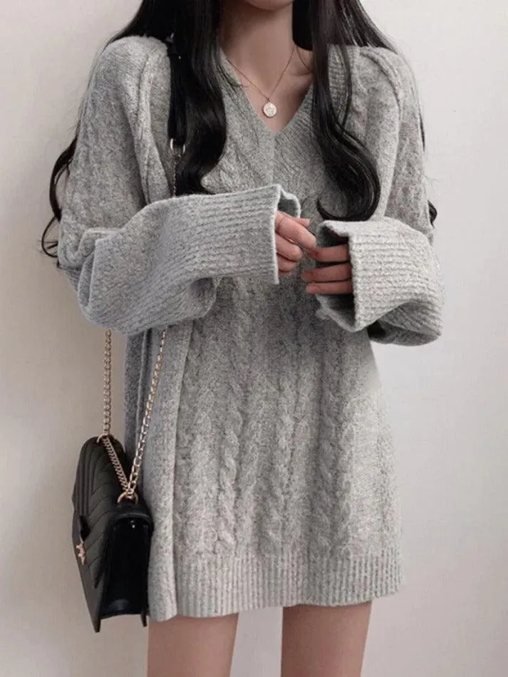 Joskaa Solid Color V Neck Cable Knit Sweater