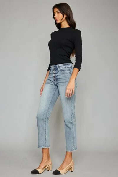 KanCan High-Rise Waist Button Fly Raw Split Cropped Hem Mom Denim Jean Pants