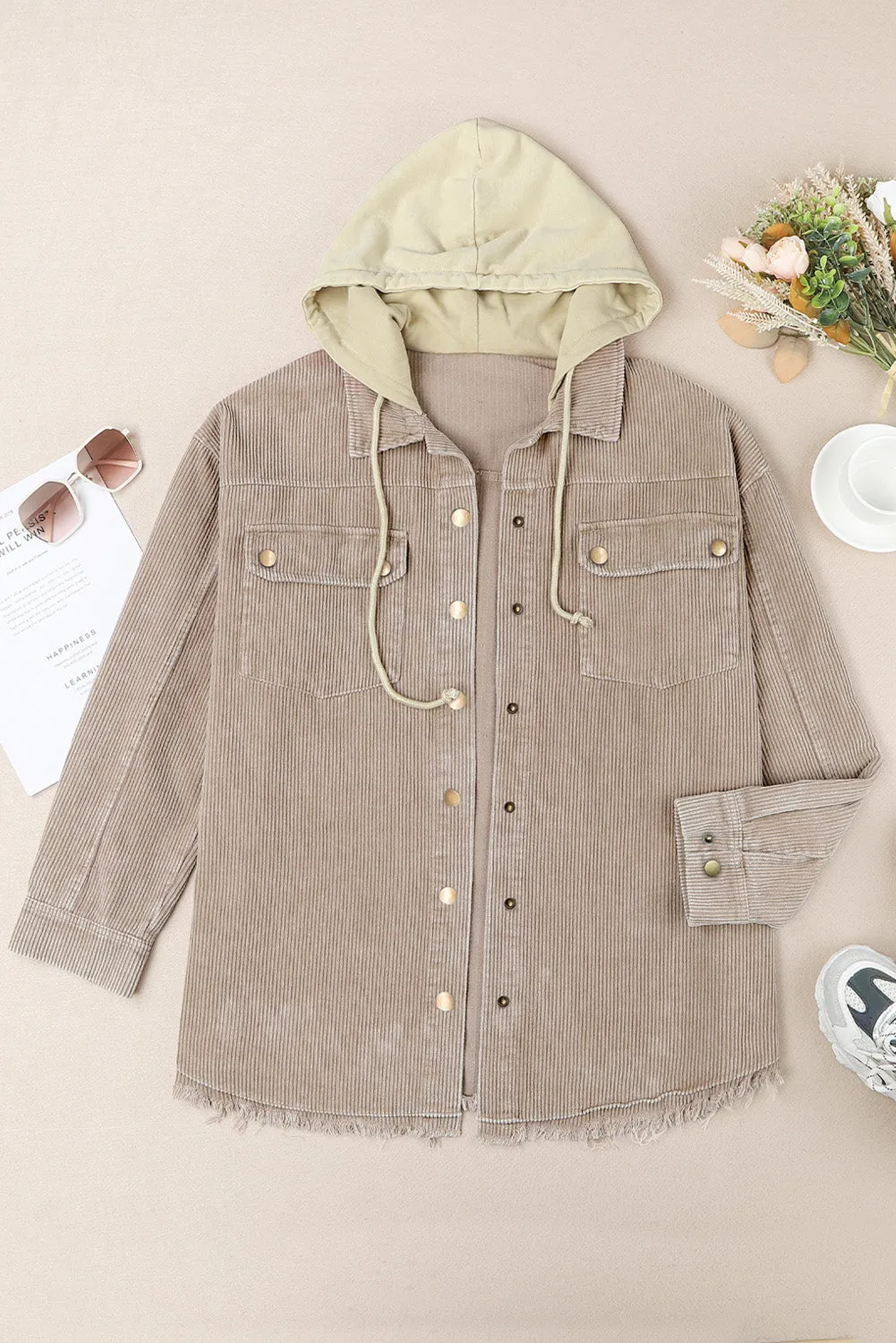 Khaki Patchwork Hooded Corduroy Shacket