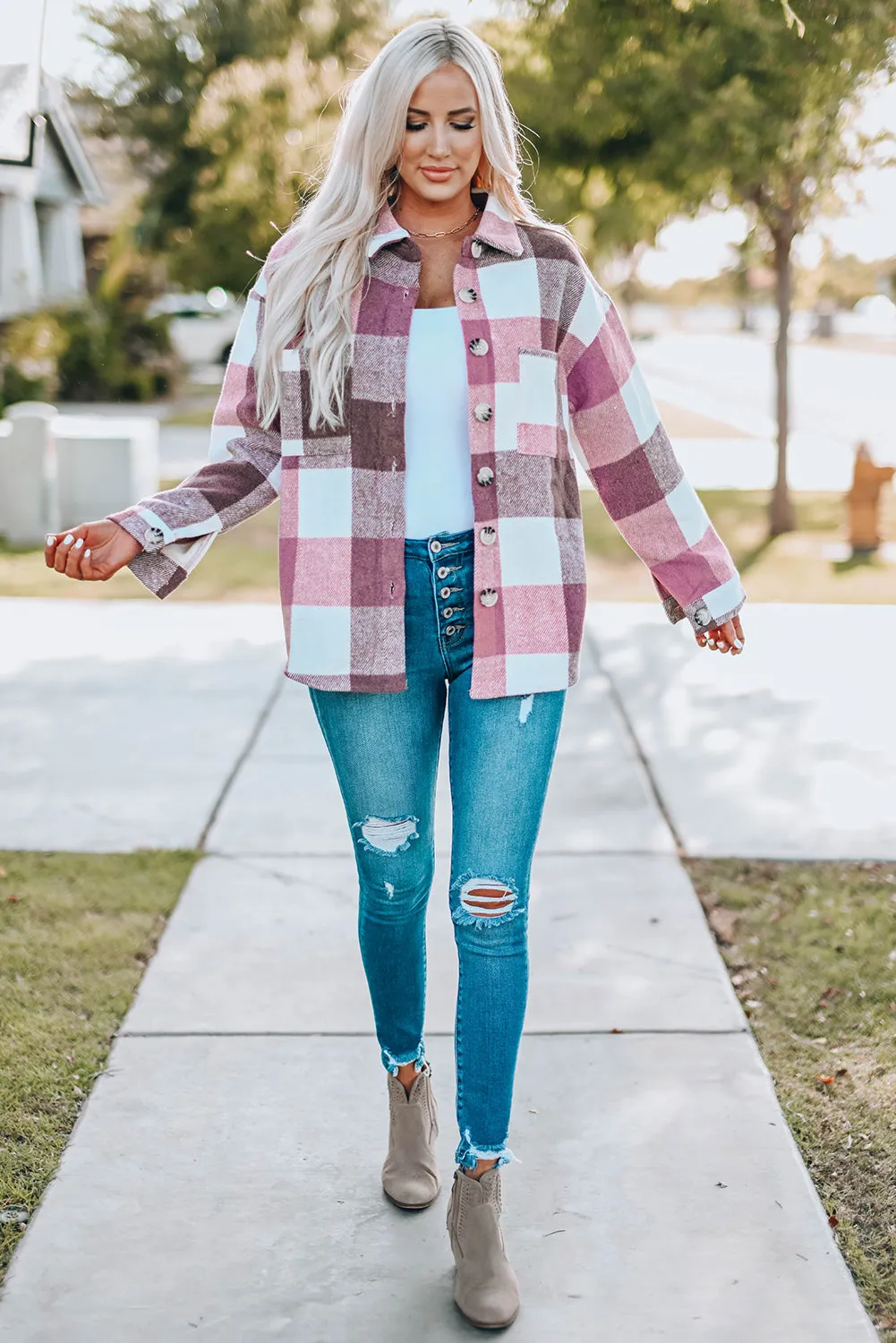 Khaki Plaid Color Block Buttoned Long Sleeve Jacket with Pocket