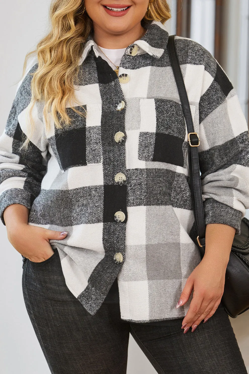 Khaki Plaid Color Block Buttoned Long Sleeve Jacket with Pocket