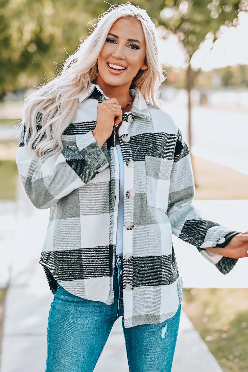 Khaki Plaid Color Block Buttoned Long Sleeve Jacket with Pocket