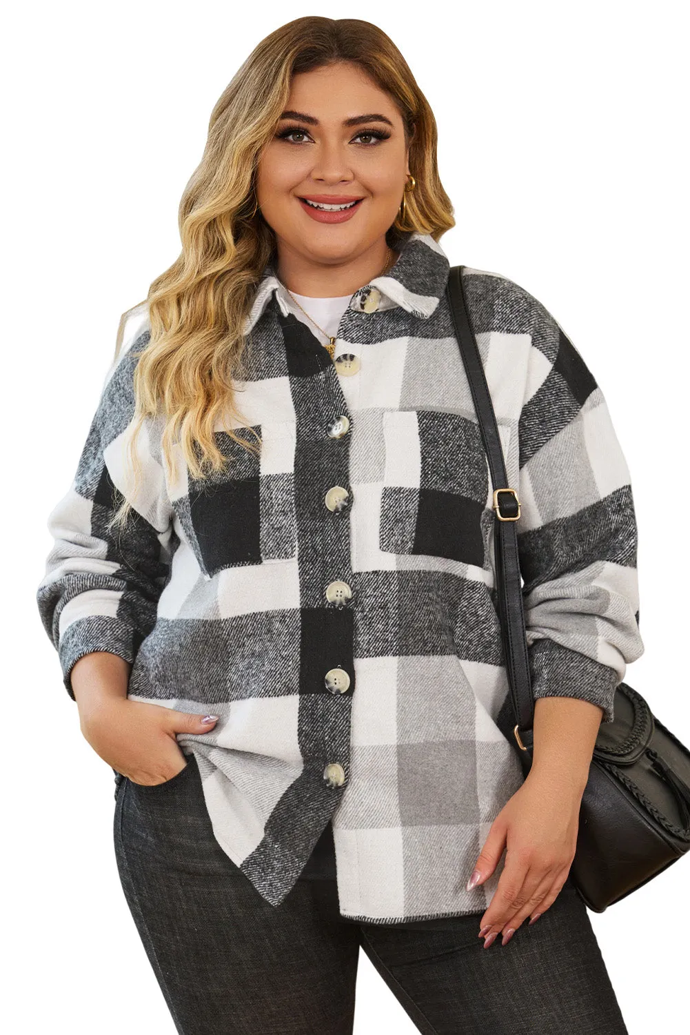 Khaki Plaid Color Block Buttoned Long Sleeve Jacket with Pocket