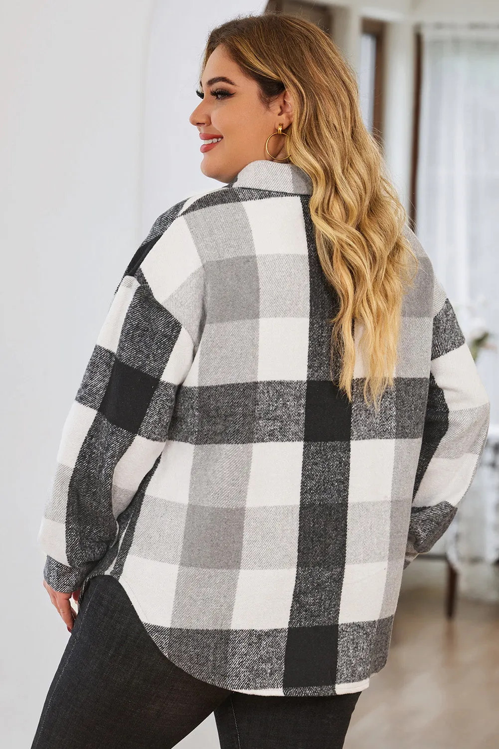 Khaki Plaid Color Block Buttoned Long Sleeve Jacket with Pocket