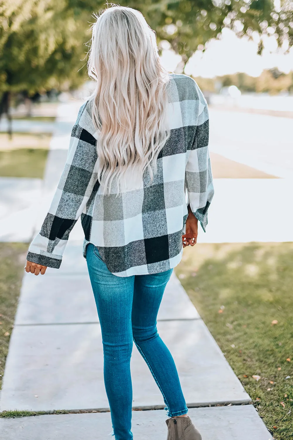 Khaki Plaid Color Block Buttoned Long Sleeve Jacket with Pocket