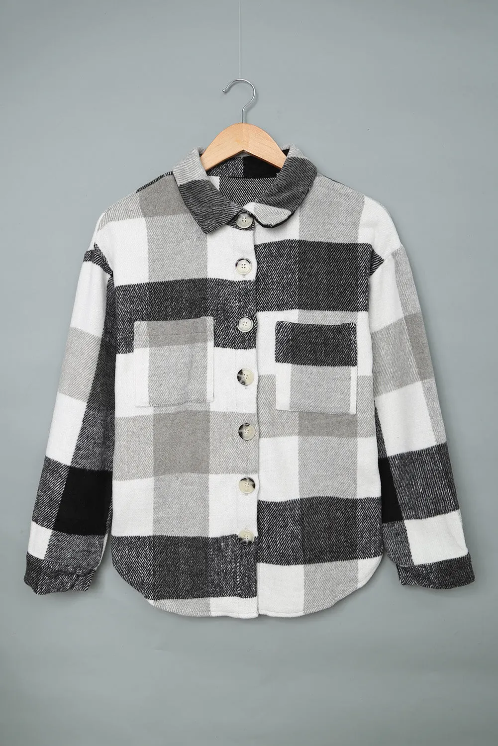 Khaki Plaid Colour Block Buttoned Long Sleeve Jacket with Pocket